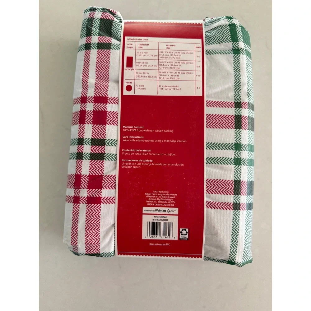 Holiday Time Yorktown Plaid PEVA Tablecloth 60 x 102 Rectangle Red Green‎ White
